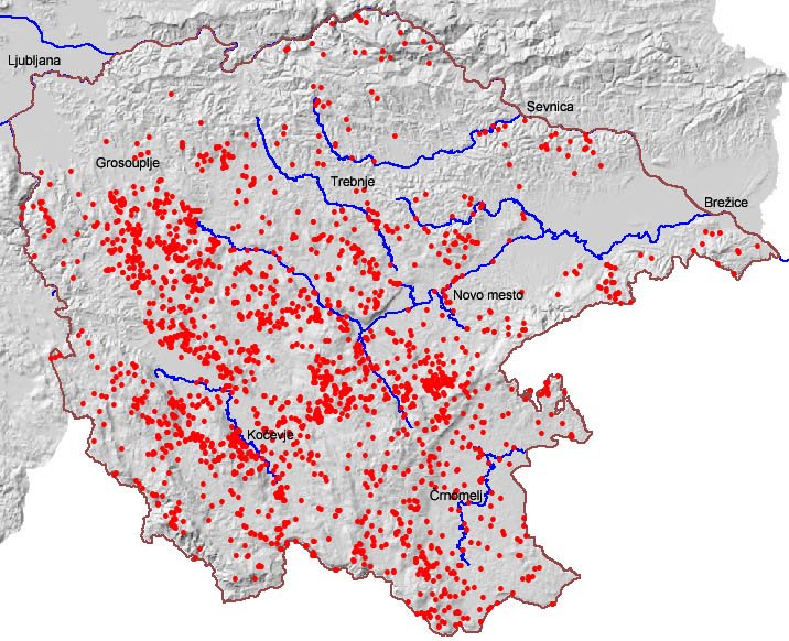 Lokacije registriranih jam na Dolenjskem in Beli krajini.