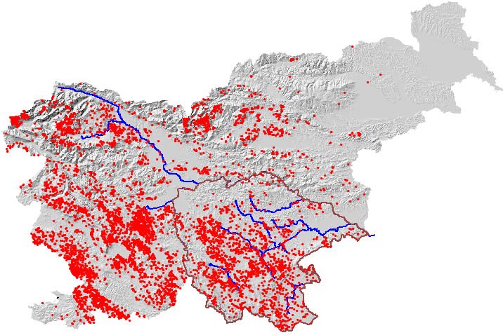 Lokacije registriranih jam v Sloveniji.