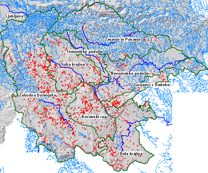 Dolenjske jame po geografskih enotah.